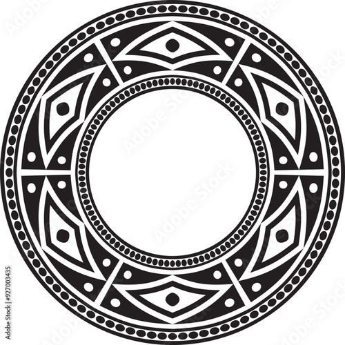 Native American vector round monochrome pattern. Geometric shapes in a circle. National ornament of the peoples of America, Maya, Aztecs, Incas