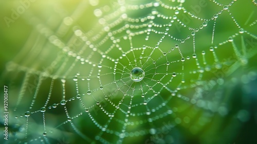 Close-up high resolution image of dew drops on a spider web. It showcases the delicate nature of a spider's web and the sparkling clarity of a water drop.