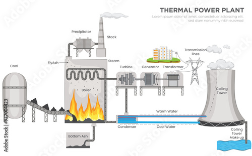 Thermal Power Plant Diagram Process Flow from Fuel to Electricity