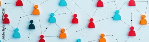 Abstract network of colorful people icons connected by lines, representing social interactions and connections in a digital age.