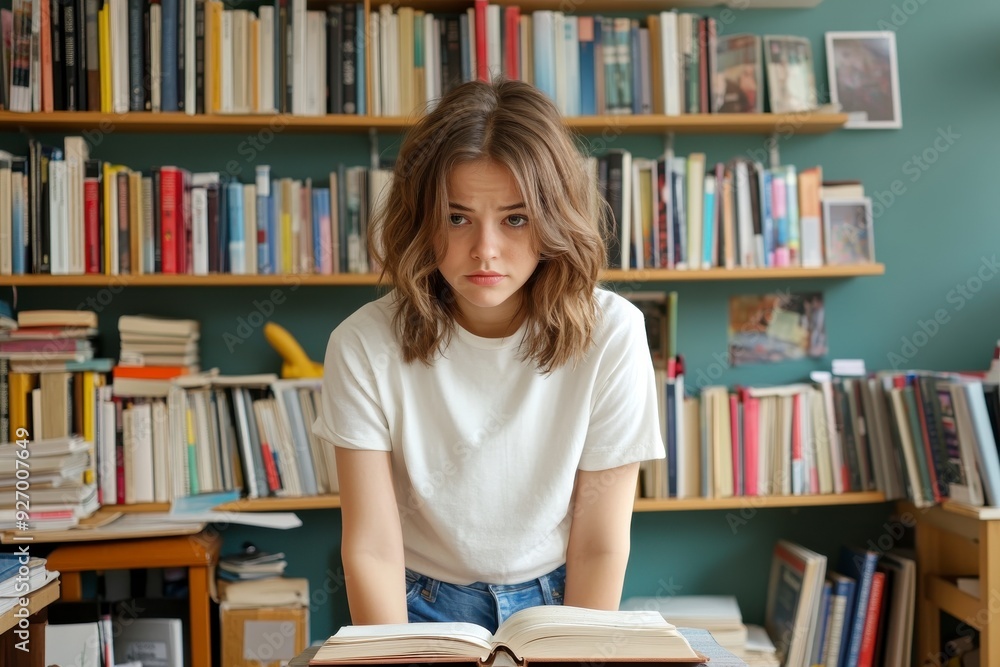 Academic Overload, Young woman stressed while studying, Surrounded by books, Library Setting. Academic Overload, Young woman stressed while studying, Surrounded by books, Library Setting.