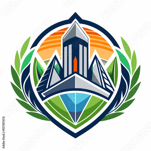 Stylized Cityscape with Mountains and Laurel Wreath