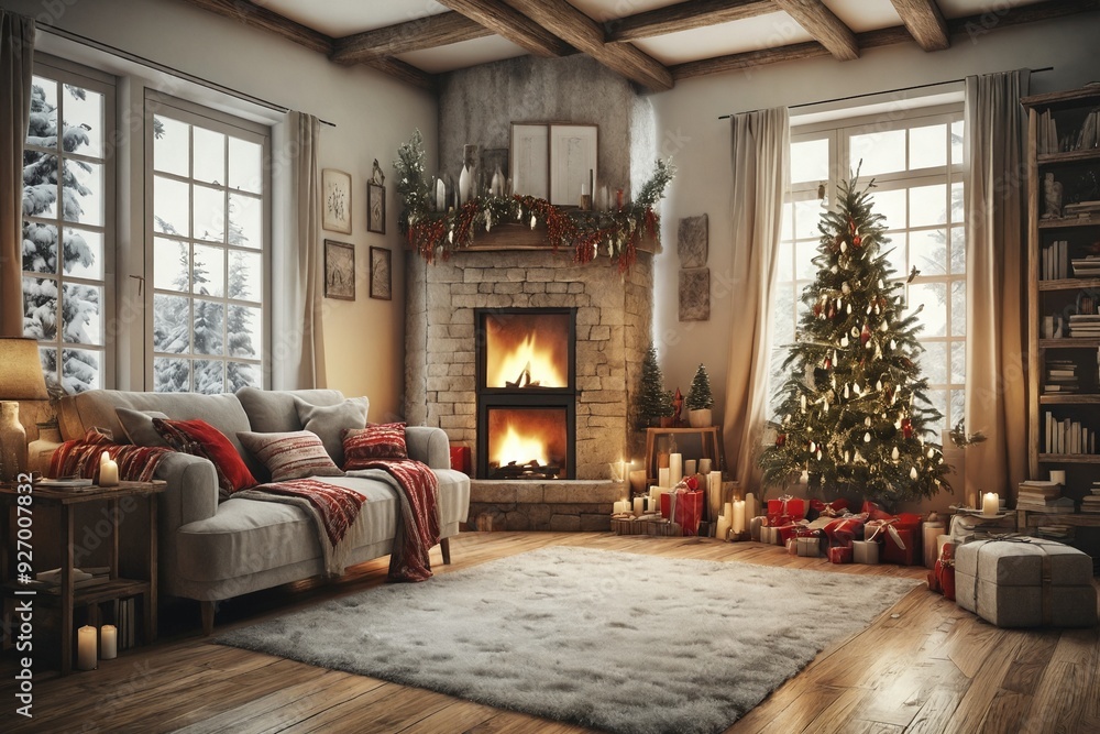 Fototapeta premium Cozy Christmas Living Room with Fireplace and Tree