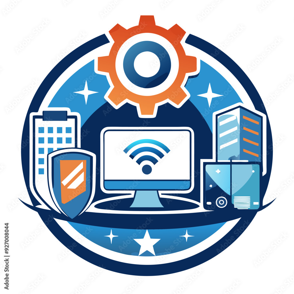 Abstract Logo with Gear, Buildings, and Wifi Symbol Abstract Logo with Gear, Buildings, and Wifi Symbol