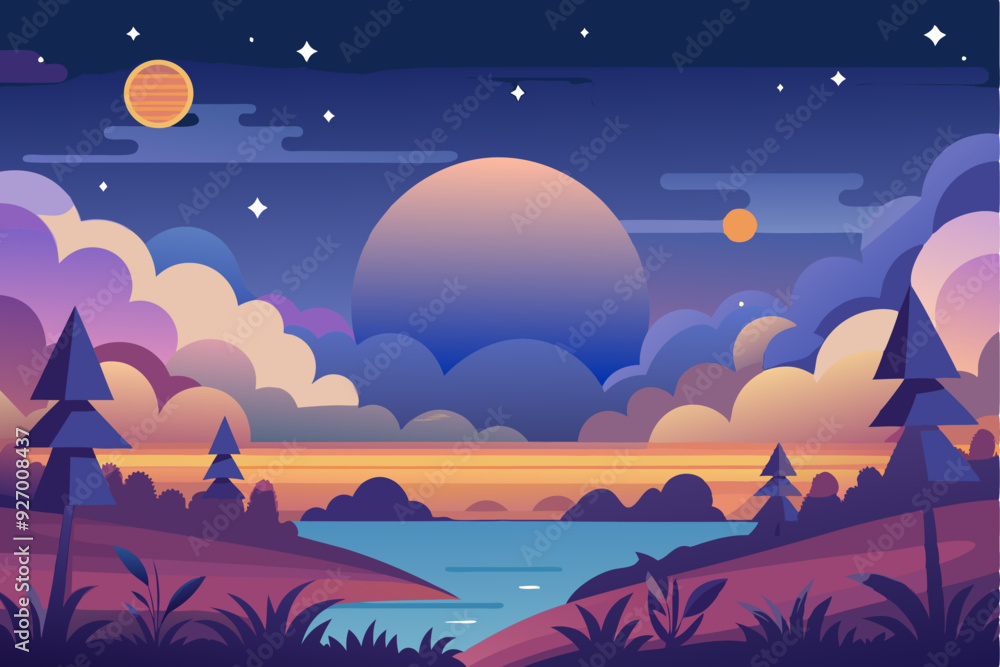 Nighttime Landscape with a Lake, Mountains, and Stars Nighttime Landscape with a Lake, Mountains, and Stars