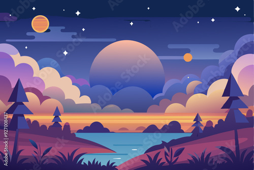 Nighttime Landscape with a Lake, Mountains, and Stars