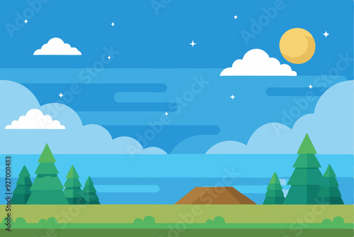 Tranquil Nighttime Landscape with a Distant Hill and Pine Trees