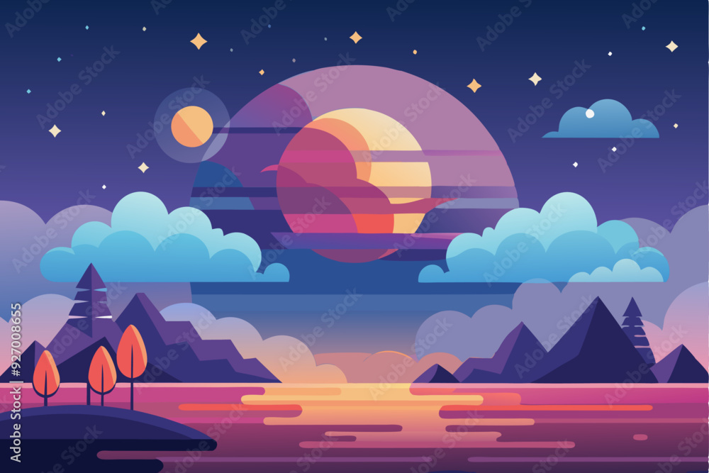 A stylized landscape with a glowing sunset over a calm sea A stylized landscape with a glowing sunset over a calm sea