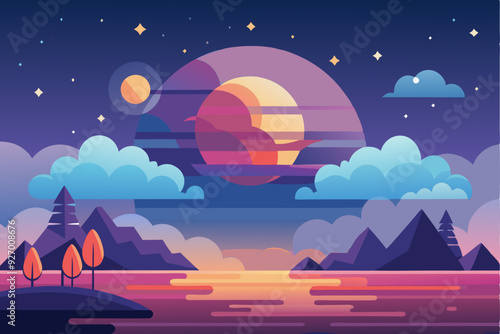 Colorful Sunset Over Mountains and Water with Stars and Clouds