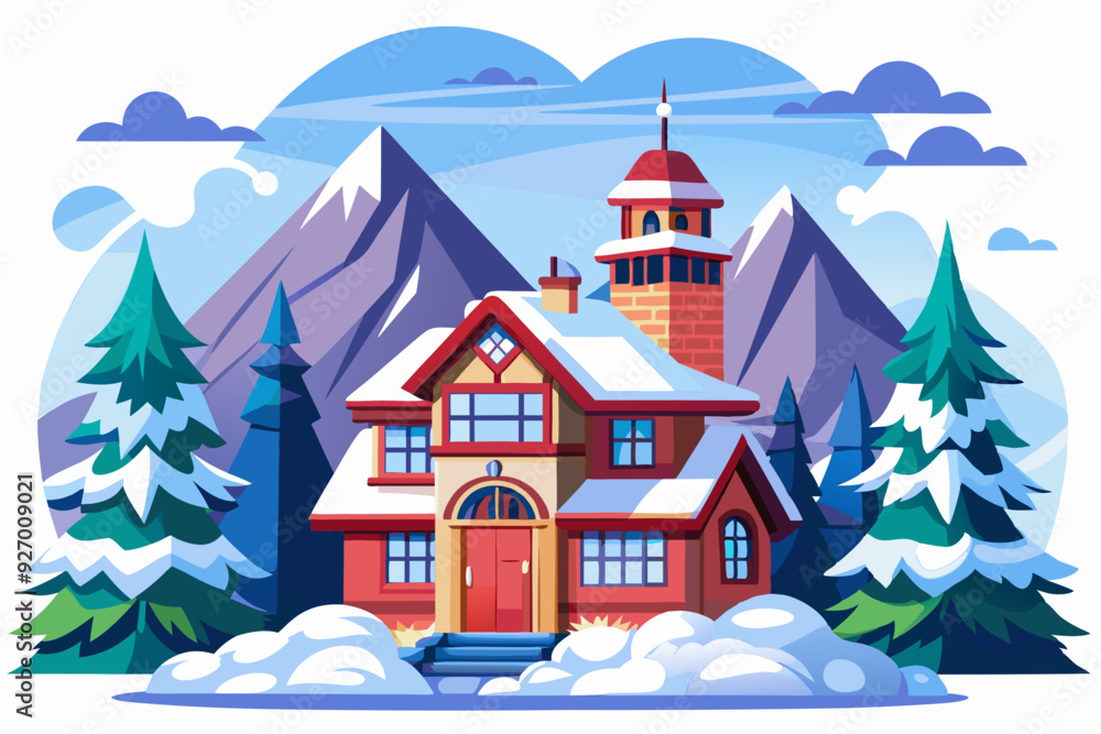A charming, snow-covered house nestled amidst towering mountains and pine trees. A charming, snow-covered house nestled amidst towering mountains and pine trees.