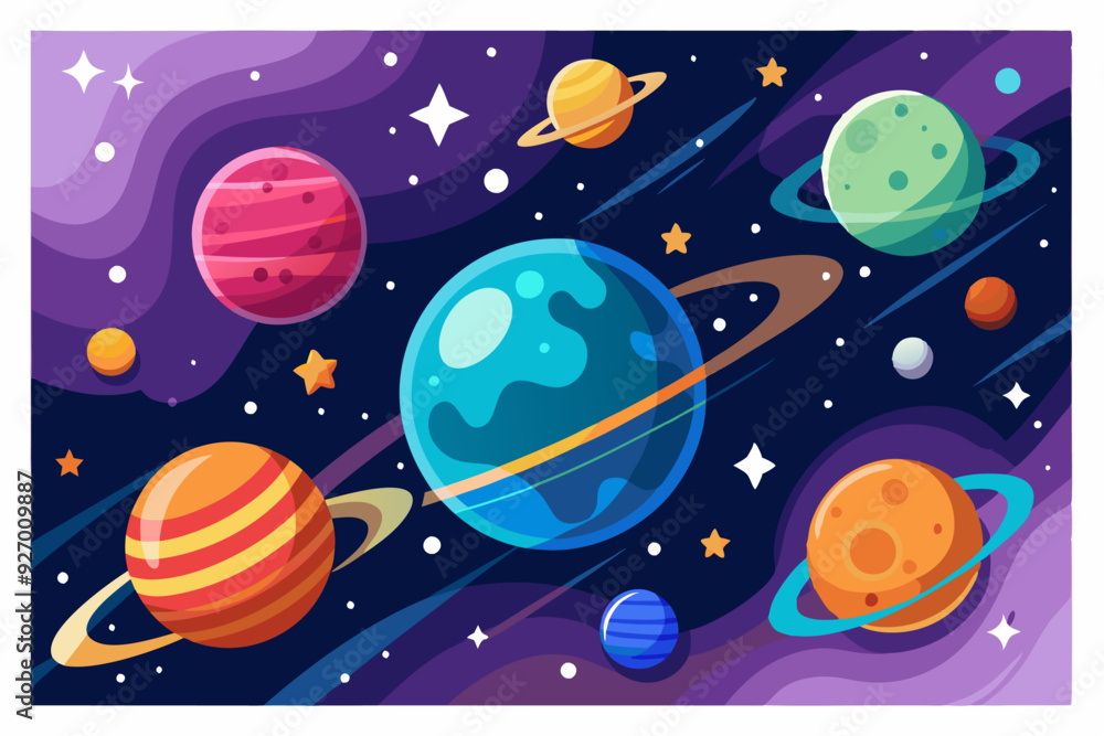 A vibrant illustration of planets and stars in space A vibrant illustration of planets and stars in space
