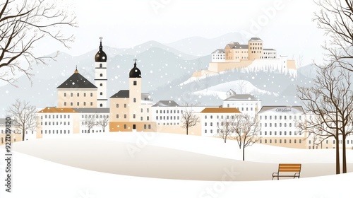 Winter Wonderland in a European Town with Snow-Covered Buildings and Scenic Mountain Background