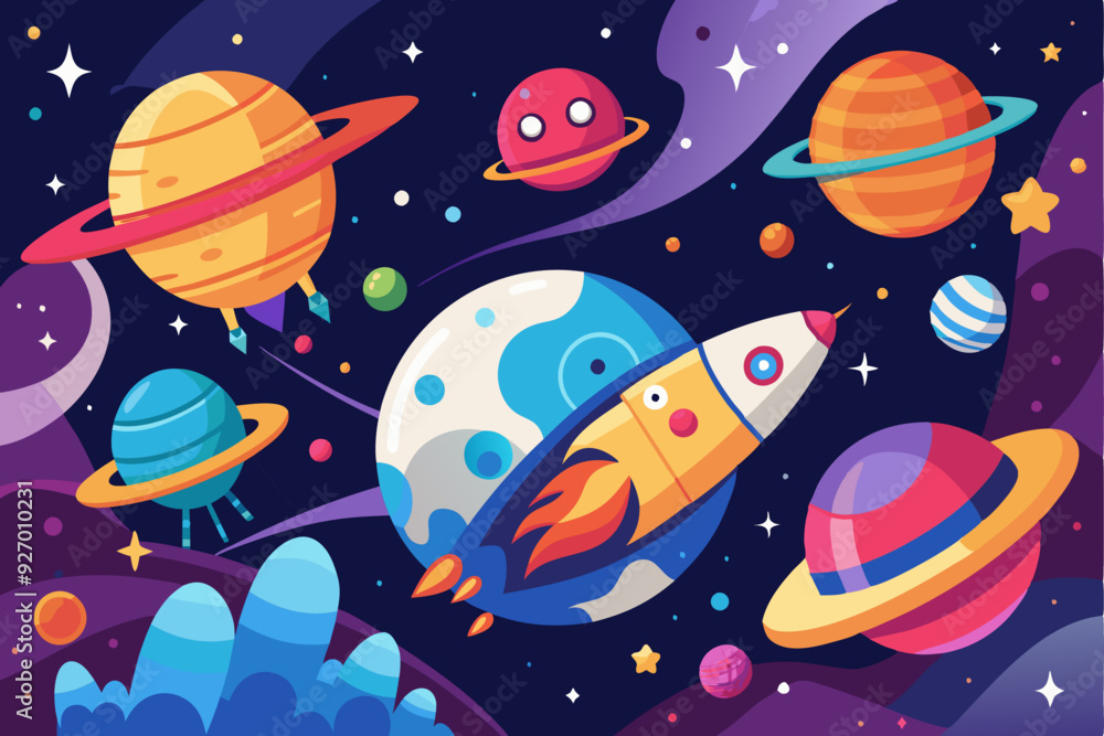A Colorful Rocket Ship Flying Through a Starry Galaxy A Colorful Rocket Ship Flying Through a Starry Galaxy