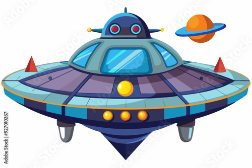 Cartoon Flying Saucer with Red Eyes and a Planet