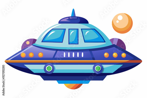 Cartoon Illustration of a Blue and Purple UFO with an Orange Sphere