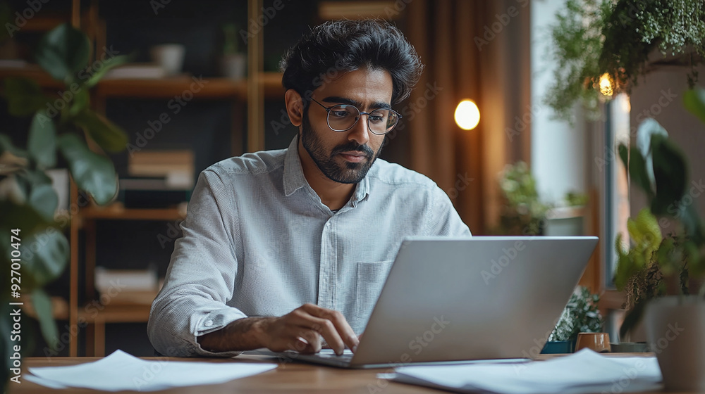 A focused Indian man, sitting at a desk in a contemporary workspace, carefully reading through a contract on his laptop, with data charts and documents around him. A focused Indian man, sitting at a desk in a contemporary workspace, carefully reading through a contract on his laptop, with data charts and documents around him.