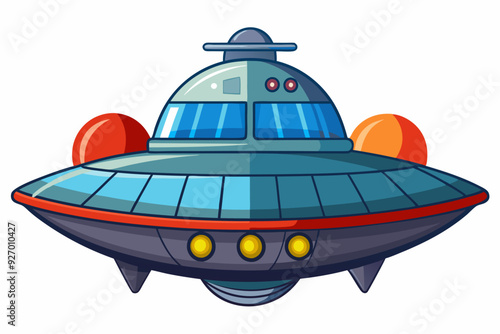 Cartoon Illustration of a Grey and Blue UFO with Red and Orange Lights