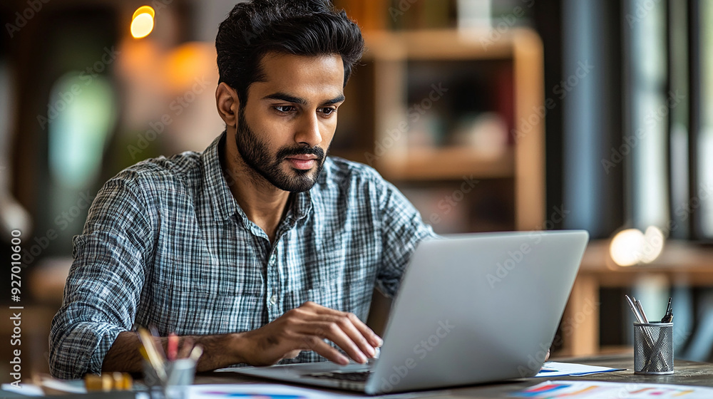 Obraz premium A focused Indian man, sitting at a desk in a contemporary workspace, carefully reading through a contract on his laptop, with data charts and documents around him.