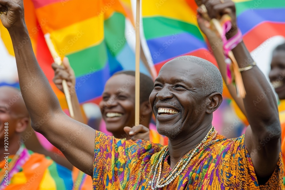 Joyful Celebration: Man with Rainbow Flags Joyful Celebration: Man with Rainbow Flags