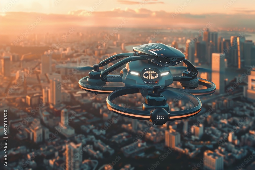 Drone Flying Over Cityscape at Sunset Drone Flying Over Cityscape at Sunset
