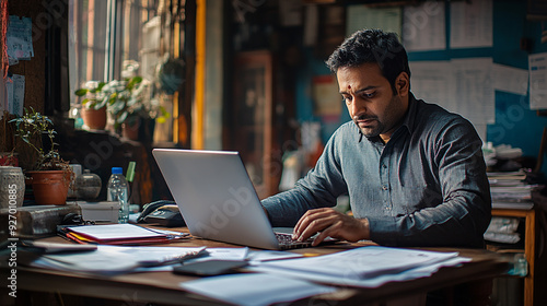 A focused Indian man, sitting at a desk in a contemporary workspace, carefully reading through a contract on his laptop, with data charts and documents around him.