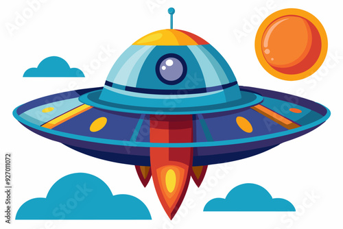 Blue and Yellow UFO Flying with Smoke Trail and Sun