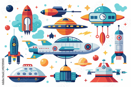 A Collection of Colorful Cartoon Spaceships and Planets