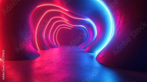 A person is walking through a vibrant and psychedelic tunnel lit by neon lights in a rainbow spectru photo