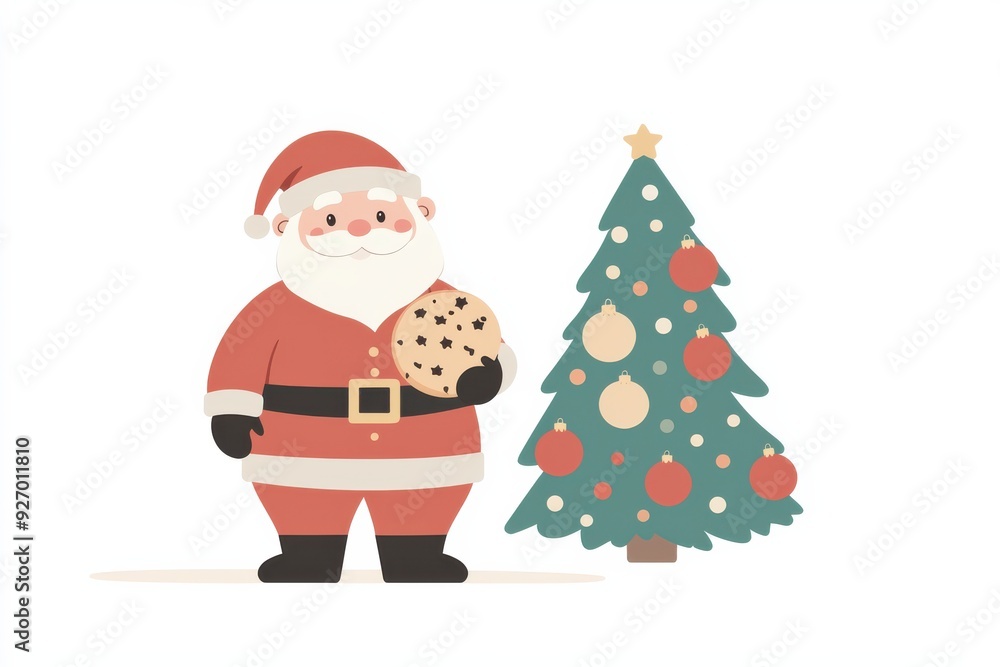 Cute Cartoon Santa Claus Holding Cookie Next to Decorated Christmas Tree on White Background Cute Cartoon Santa Claus Holding Cookie Next to Decorated Christmas Tree on White Background