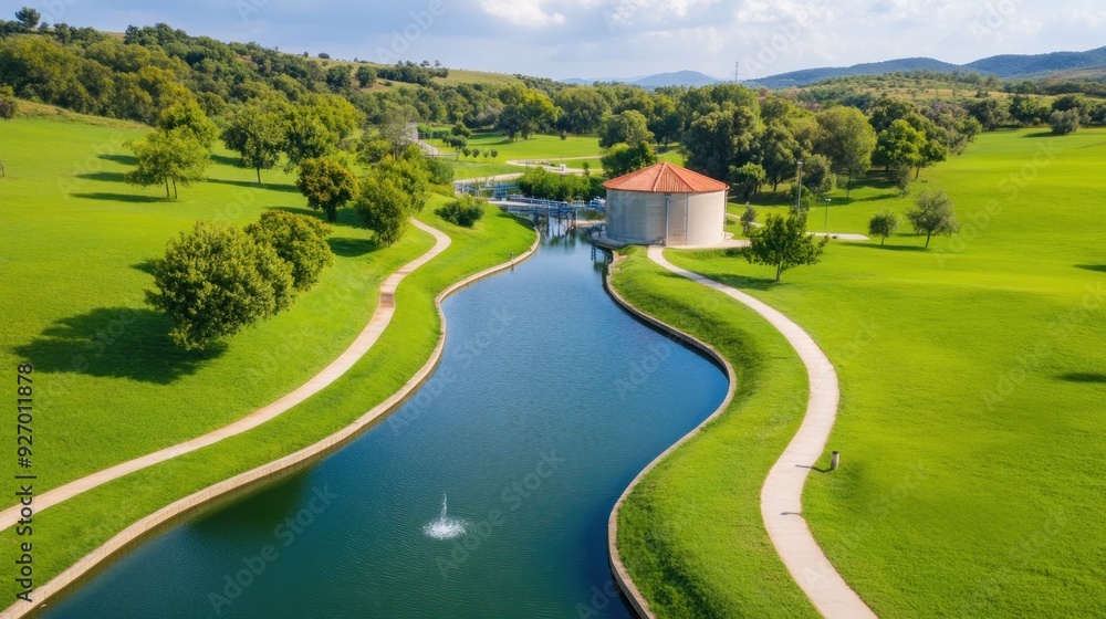An aerial shot of a wastewater treatment plant integrated with a biogas production facility, emphasizing the layout and connections An aerial shot of a wastewater treatment plant integrated with a biogas production facility, emphasizing the layout and connections