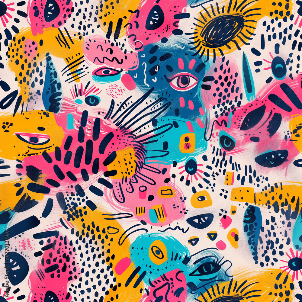 Colorful Abstract Pattern with Eyes and Dynamic Shapes on Vibrant Background Colorful Abstract Pattern with Eyes and Dynamic Shapes on Vibrant Background