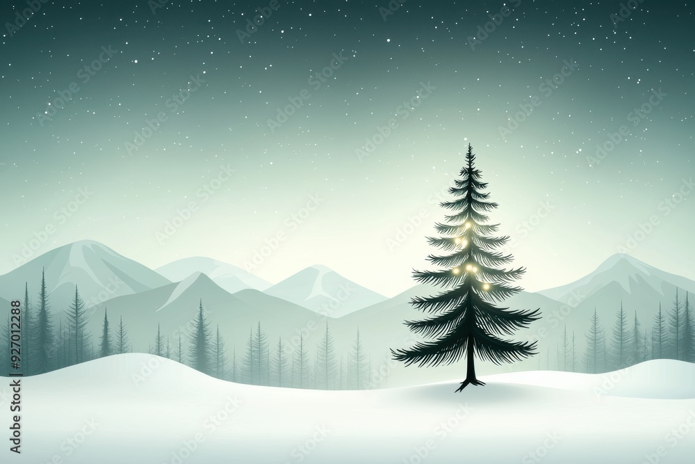 Obraz premium Lone Christmas Tree in Snowy Landscape with Mountains and Starry Night Sky