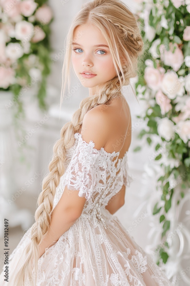 Elegant Young Woman in Lace Wedding Dress with Long Braided Hair Surrounded by Floral Arrangements Elegant Young Woman in Lace Wedding Dress with Long Braided Hair Surrounded by Floral Arrangements