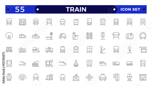 train and railways icon set. intercity, international, freight trains, linear icons.