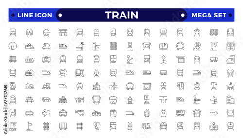 train and railways icon set. intercity, international, freight trains, linear icons.