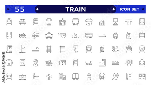 train and railways icon set. intercity, international, freight trains, linear icons.