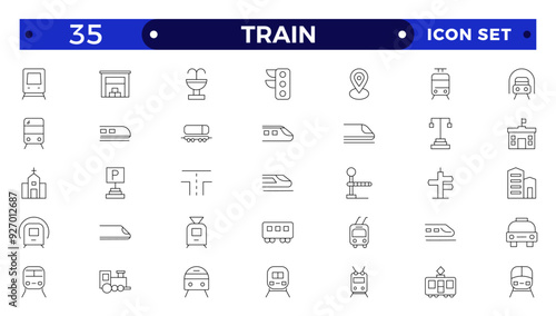 train and railways icon set. intercity, international, freight trains, linear icons.