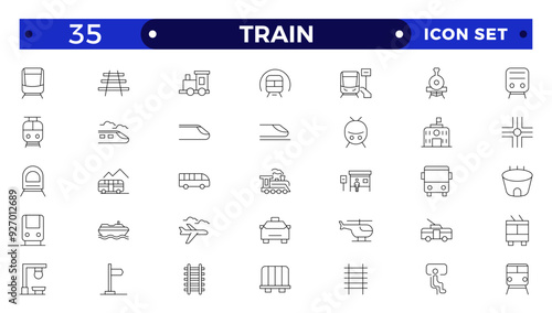 train and railways icon set. intercity, international, freight trains, linear icons.