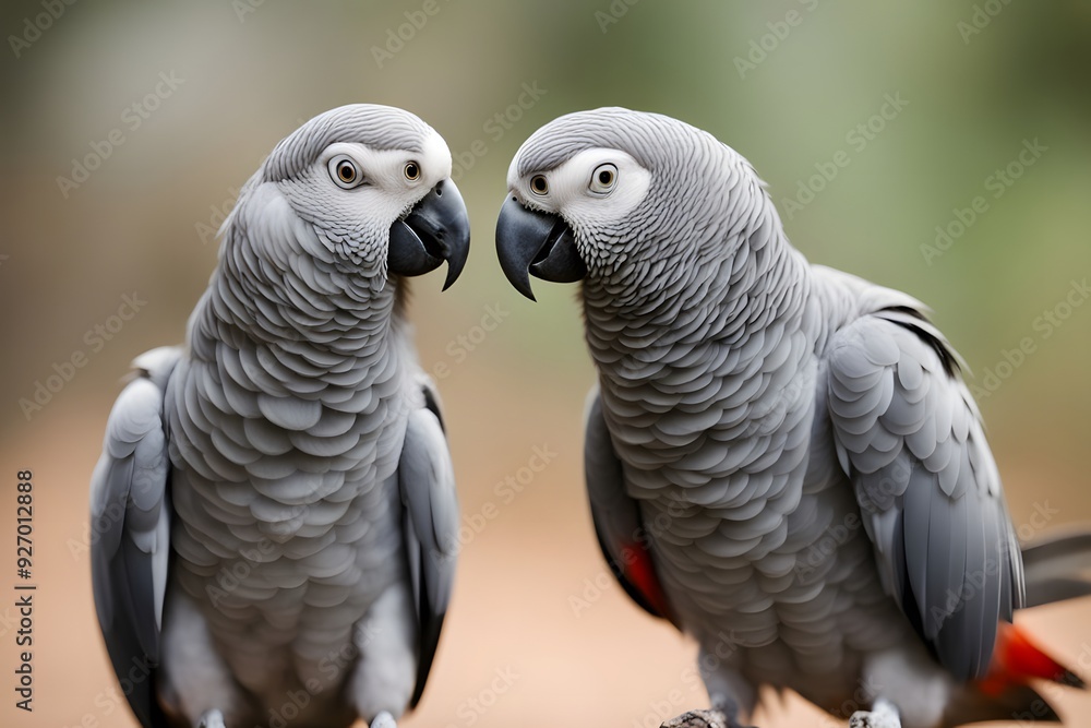 Fototapeta premium African grey bird blurry nature background, Ai Generated