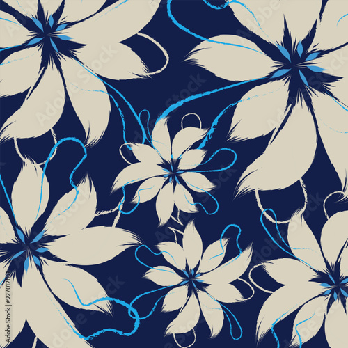 A Flowers hand drawing textiles blue and soft white floral pattern textile tropical bicolor pattern for traditional japanese clothes