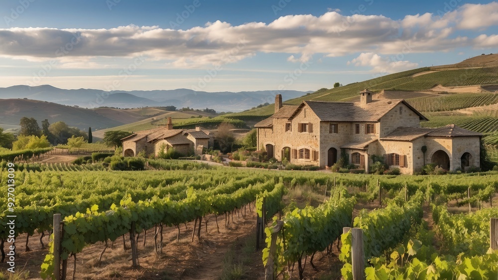 Naklejka premium Traditional vineyard estate with stone buildings, rolling hills, and rows of grapev