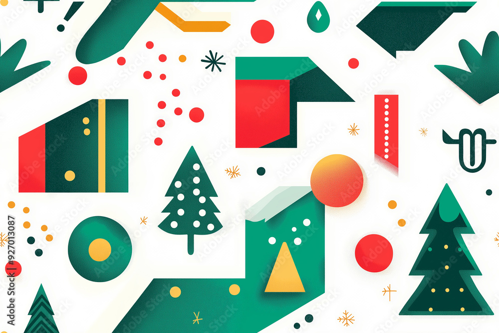 Festive abstract shapes in green, red, and gold forming a seamless tile pattern. This cheerful design is perfect for holiday decorations and celebrations. Festive abstract shapes in green, red, and gold forming a seamless tile pattern. This cheerful design is perfect for holiday decorations and celebrations.