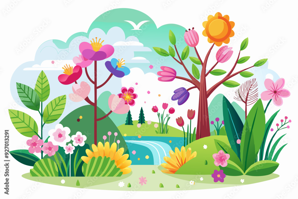 Colorful Spring Landscape with Flowers and Waterfall Colorful Spring Landscape with Flowers and Waterfall