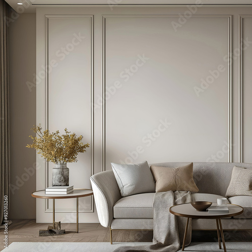 Aesthetic elegant classic interior design. Clear mock up empty wall for decoration in the apartment. Copy space in the room with moldings. Neutral palette of natural colors.