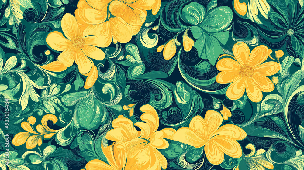 Rich, detailed floral pattern with swirling green foliage and bold yellow flowers, giving a vintage yet lively feel. Suitable for decorative and fabric designs. Rich, detailed floral pattern with swirling green foliage and bold yellow flowers, giving a vintage yet lively feel. Suitable for decorative and fabric designs.