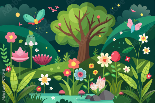 Nighttime Forest with Colorful Flowers, Butterflies, and a Stream