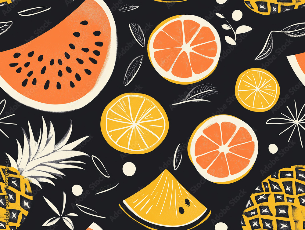 Bright slices of citrus fruits like oranges and grapefruits pop against a dark background, creating a vibrant and refreshing seamless pattern with a tropical vibe. Bright slices of citrus fruits like oranges and grapefruits pop against a dark background, creating a vibrant and refreshing seamless pattern with a tropical vibe.