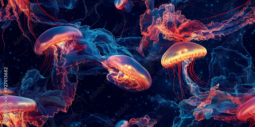 Colorful jellyfish with glowing, translucent bodies drift elegantly in deep ocean waters, creating a captivating and mysterious seamless pattern. Colorful jellyfish with glowing, translucent bodies drift elegantly in deep ocean waters, creating a captivating and mysterious seamless pattern.