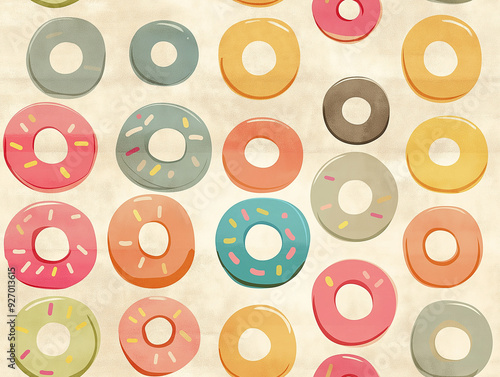 Seamless pattern with colorful ring-shaped elements on a beige background, evoking a retro and cheerful vibe.