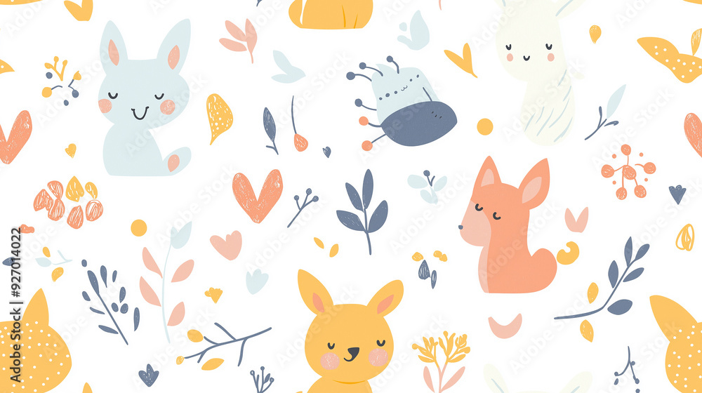 Adorable seamless pattern with cute animals and plants in pastel colors on a white background. Perfect for children's products and gentle themes. Adorable seamless pattern with cute animals and plants in pastel colors on a white background. Perfect for children's products and gentle themes.